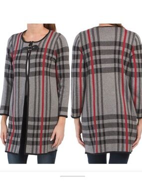 Anne Klein Gray Plaid Long Midi Cardigan Jacket 2X